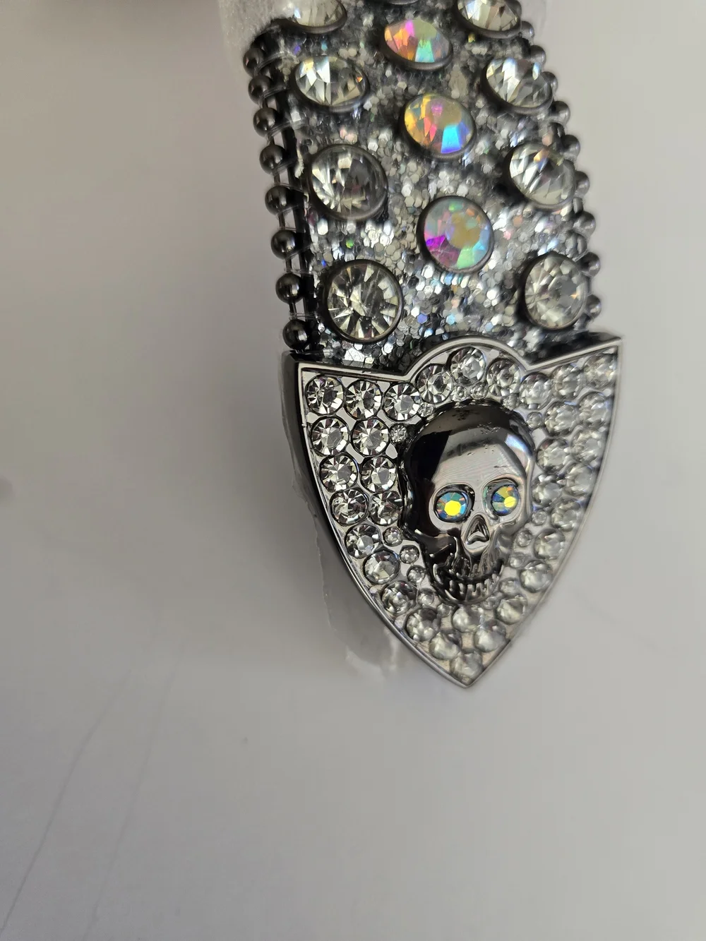 Crystal-Encrusted Silver Skull Belt Buckle - Women's Accessory